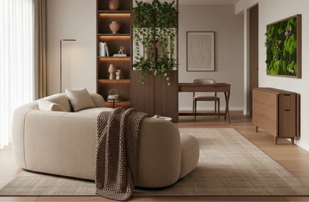 Moderni dizajn interijera 2026: dnevni boravak u stilu toplog minimalizma sa zaobljenim kaučem, drvenom pregradom s biljkama i skrivenim radnim kutkom