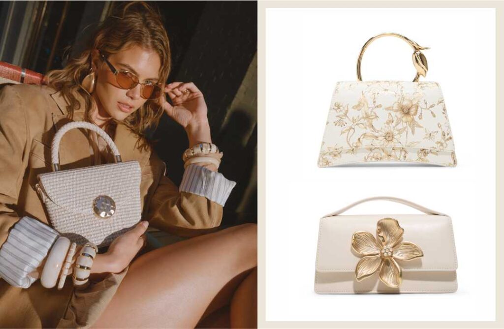 Nova kolekcija Aldo torbe 2026: minimalistički i svečani modeli u bijeloj i bež boji sa zlatnim ukrasima i cvjetnim motivima.