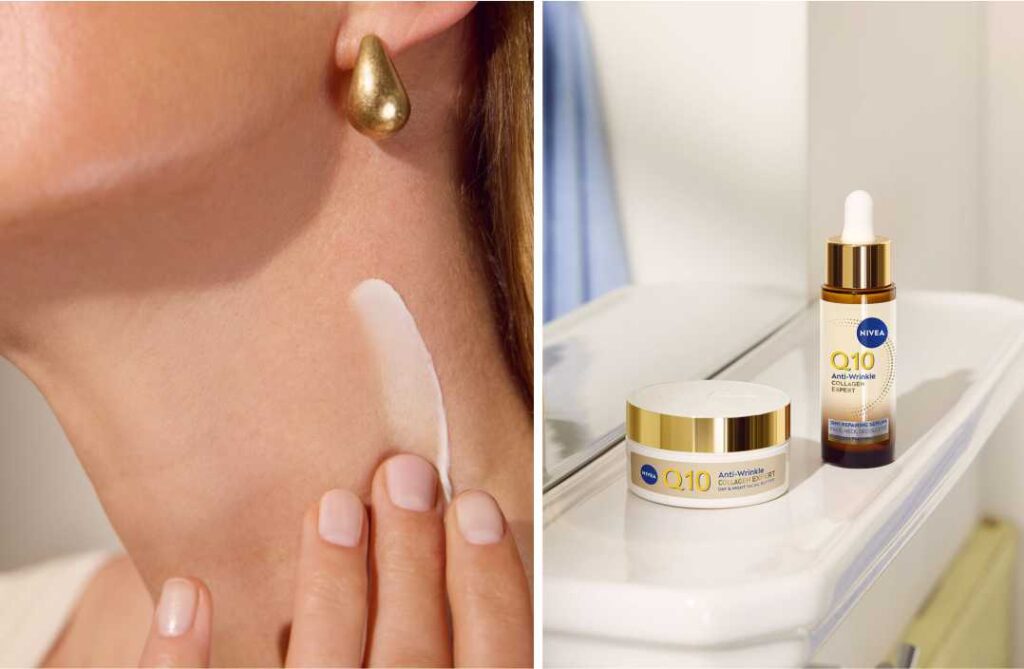 Nanošenje NIVEA Q10 Collagen Expert maslaca na vrat uz prikaz proizvoda: dnevni i noćni maslac te serum za lice.