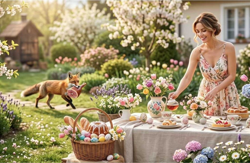 Estetski prikazan uskrsni doručak u rascvjetanom vrtu s bogatom trpezom i cvijećem, dok se u pozadini odvija duhovita uskrsna priča s lisicom koja bježi noseći šunku.