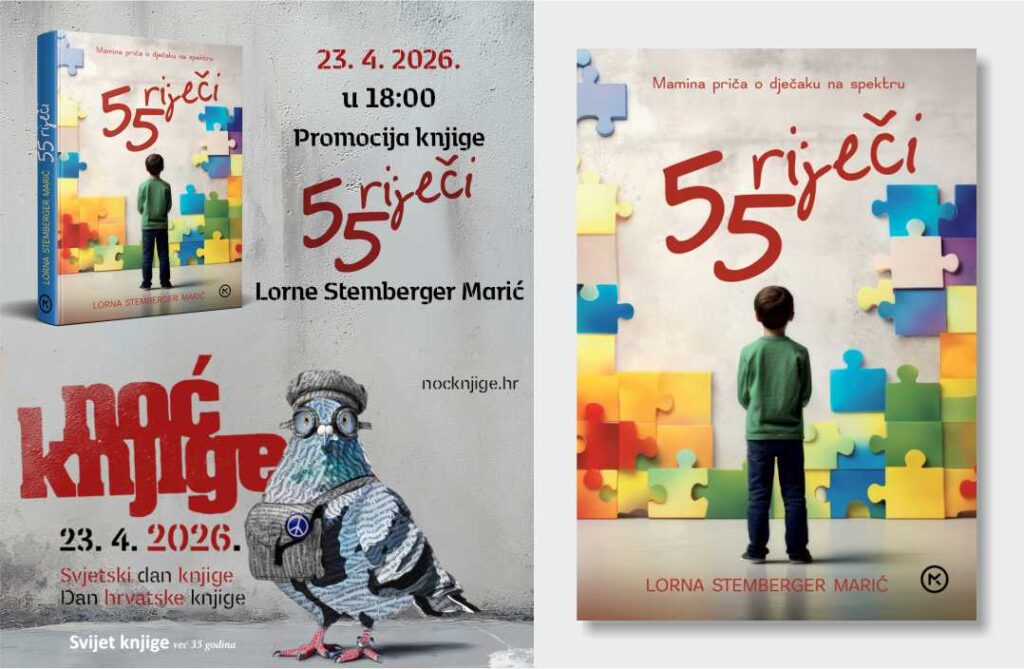 Naslovnica knjige 55 riječi autorice Lorne Stemberger Marić koja opisuje život na spektru autizma.