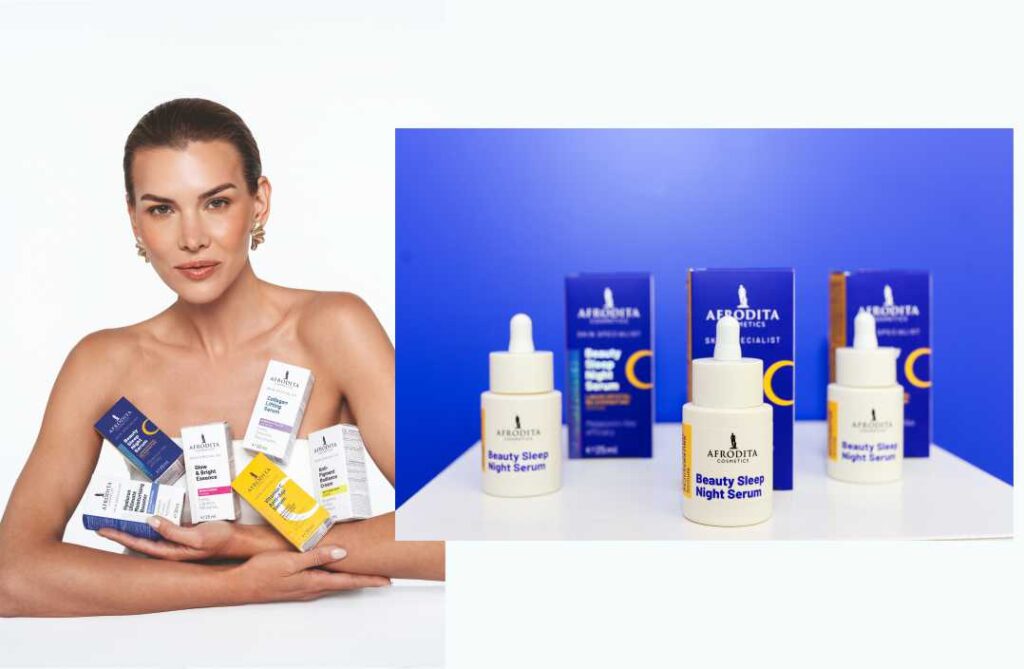 Afrodita serumi za lice Skin Specialist linije: S jedne strane model s besprijekornim tenom drži asortiman proizvoda, a s druge krupni plan Beauty Sleep noćnih seruma.