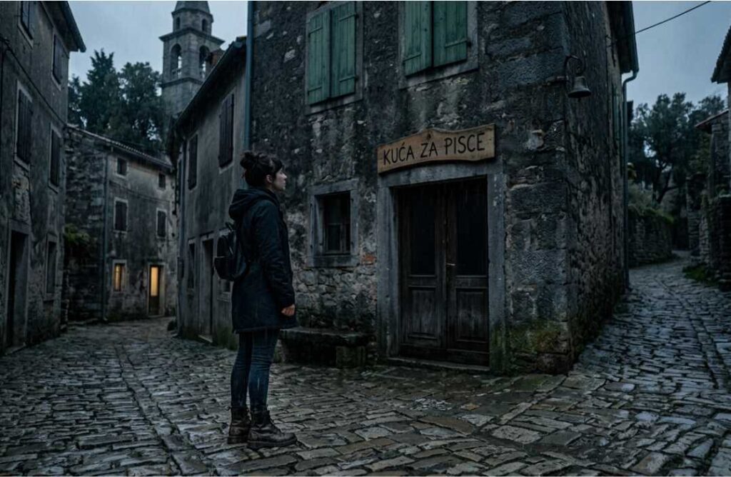 Realistična fotografija za istarski psihološki triler i horor "Kuća za pisce" koja prikazuje ženu u tamnom kaputu kako stoji na mokroj kamenoj ulici starog istarskog sela ispred kamene kuće sa zatvorenim zelenim škurama i drvenim natpisom Kuća za pisce u mračni, kišni sumrak.