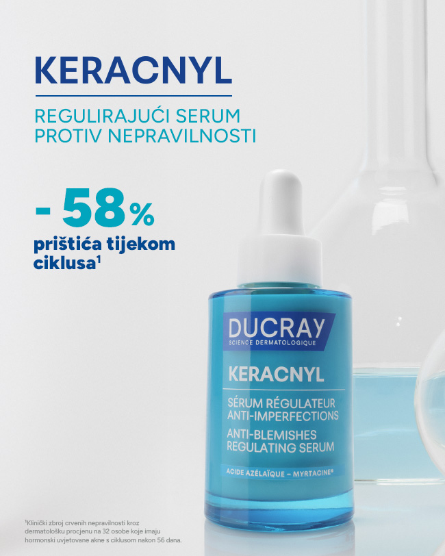 Bočica Ducray Keracnyl regulirajućeg seruma protiv nepravilnosti ispred laboratorijskog posuđa, uz istaknut tekst s podatkom o smanjenju prištića tijekom ciklusa za 58 posto.