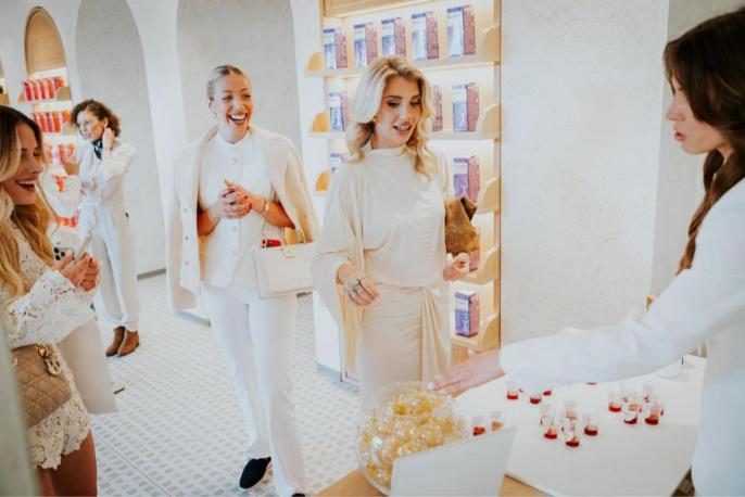 Gosti na predstavljanju beauty rituala degustiraju CollagenTime Luxe tekući kolagen u obliku malih doziranih shotova, poslužen u elegantnom salonu.