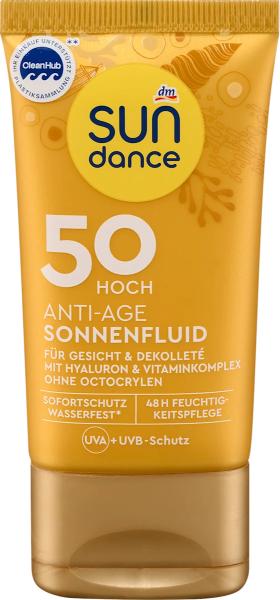 SUNDANCE Anti-Age fluid SPF 50 s hijaluronom i Q10 za zaštitu od bora i pigmentacijskih mrlja.