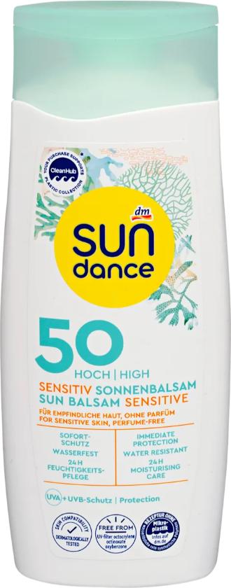 SUNDANCE Sensitiv balzam za sunčanje SPF 50: Vodootporna zaštita bez parfema za osjetljivu kožu, obogaćena vitaminom E za 24-satnu hidrataciju.