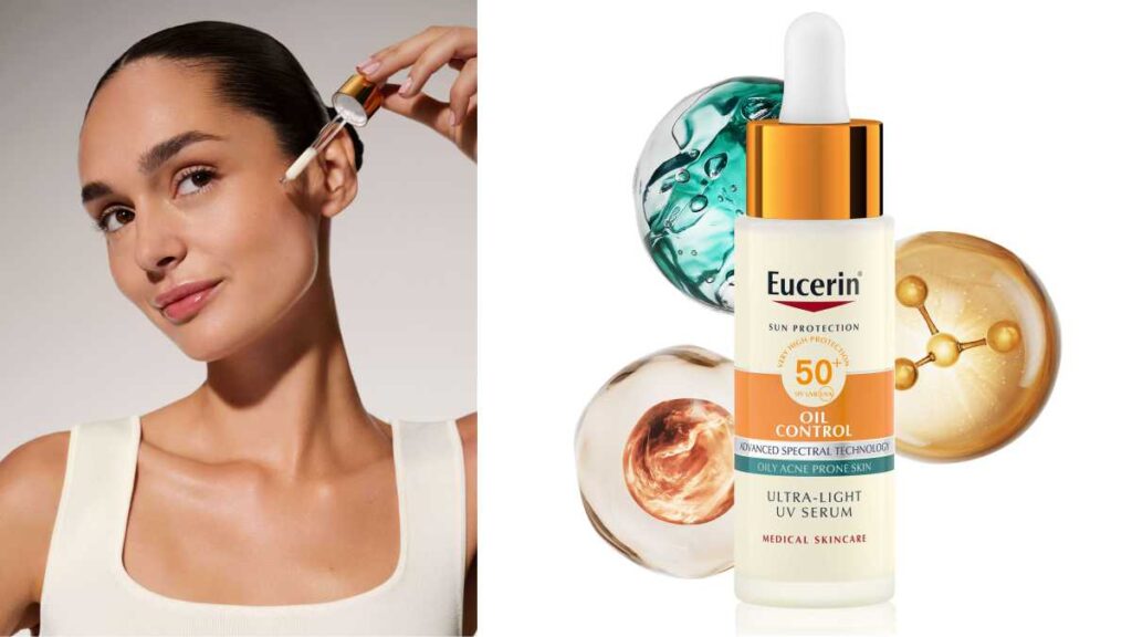 Inovacija u zaštiti od sunca: Oil Control ultra lagani serum s trostrukom zaštitom Žena nanosi Eucerin Oil Control UV serum SPF 50+ pomoću kapaljke na lice, pored prikaza bočice proizvoda okružene teksturama kozmetičkih sastojaka.