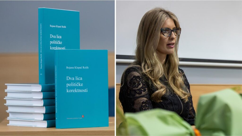 Naslovnica knjige "Dva lica političke korektnosti" Bojane Klepač Rolih i fotografija autorice kako govori na predstavljanju.