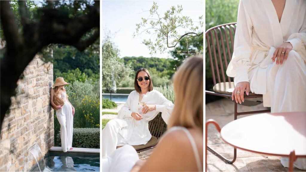 Moé Clothing Studio vodi svoje klijentice na ekskluzivni retreat u Istru Žene uživaju u elegantnim bijelim odjevnim komadima na otvorenom uz bazen – Moé retreat Istra.