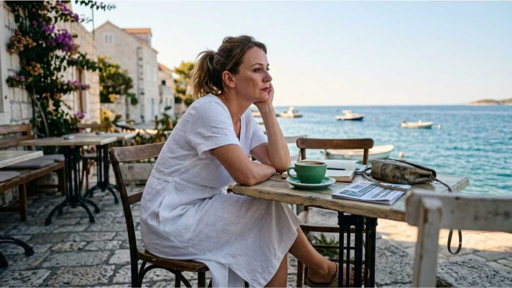 Katarina Solomun: Samoća u dvoje (Suvremena hrvatska kratka priča) Zamišljena žena u bijeloj haljini sjedi sama u primorskom kafiću, a ova scena savršeno ilustrira atmosferu koju nosi suvremena hrvatska kratka priča, s fokusom na trenutke introspekcije i mediteranski mir.