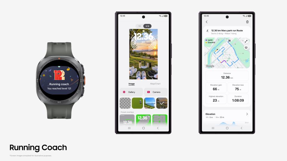 Prezentacija Samsung Running Coach funkcionalnosti na Samsung Galaxy Watch satu i ekranima pametnih telefona.