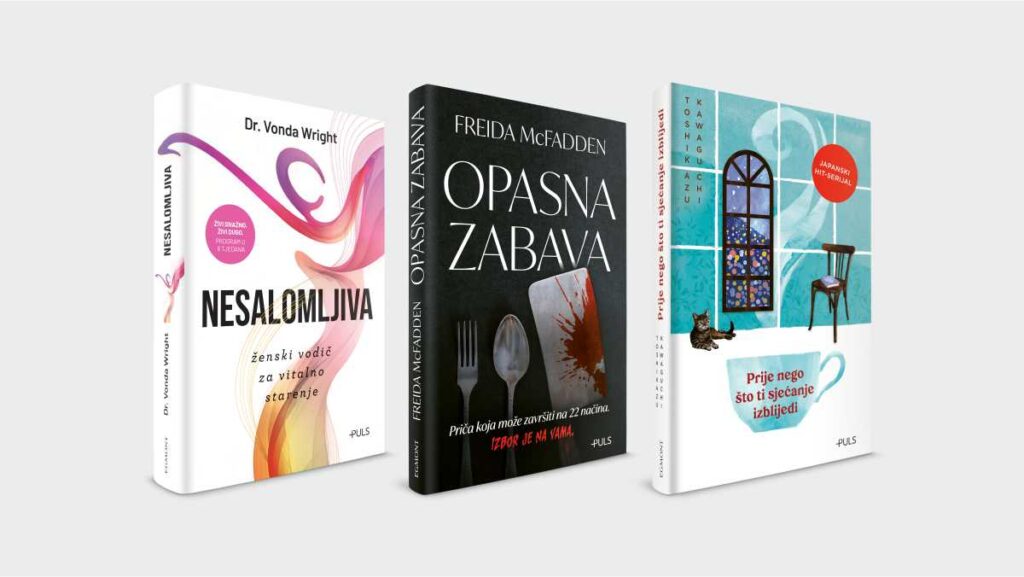 Jesenski noviteti biblioteke Puls: Nesalomljiva dr. Vonde Wright, novi triler Freide McFadden i treći dio japanskog hita Jesenski noviteti biblioteke Puls: 'Nesalomljiva' dr. Vonde Wright, interaktivni triler 'Opasna zabava' Friede McFadden i japanski hit Toshikazua Kawaguchija, poredani jedan do drugog na svijetloj pozadini.