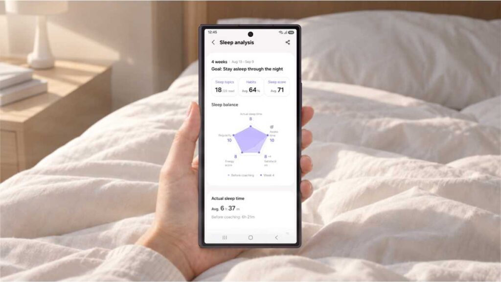 Samsung Health olakšava početak korištenja Sleep Coaching značajke i prilagođava tjedne savjete Prikaz Samsung Sleep Coaching sučelja i analize sna na ekranu pametnog telefona.