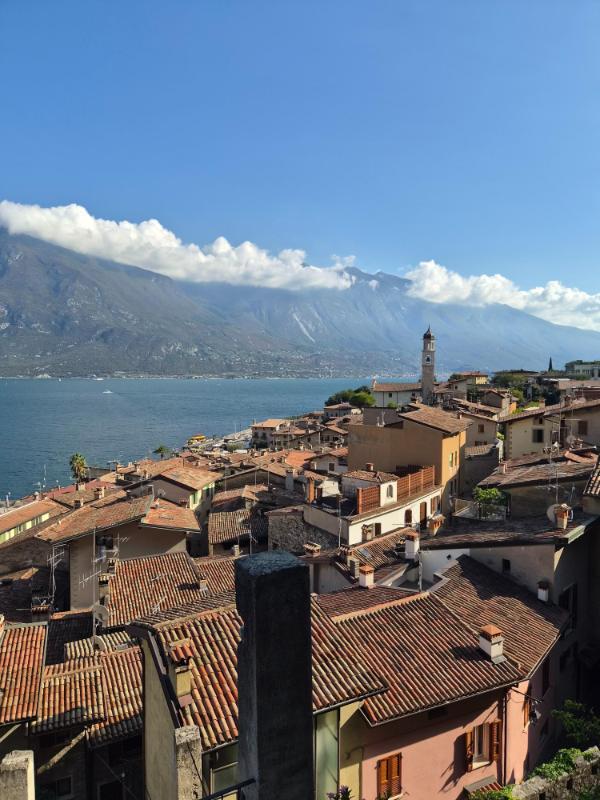 Panoramski pogled s visine na stare krovove s crpjenim crvenim crijepom, zvonik crkve San Benedetto i plavetnilo jezera Garda.