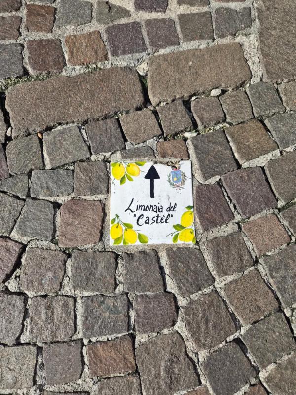 Keramička pločica ugrađena u kameni pločnik s osilikana dva limuna i natpisom Limonaia del Castel koji označava smjer u mjestu Limone sul Garda.