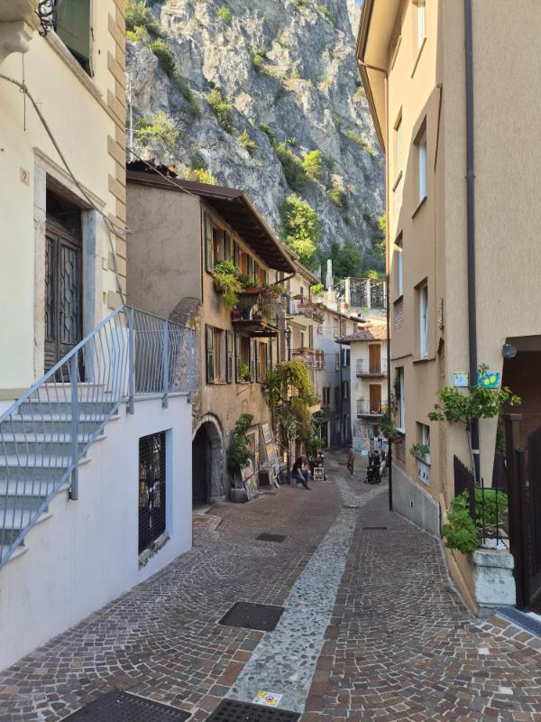 Uska kamena popločana ulica sa starim kućama i cvijećem koja vodi kroz povijesnu jezgru Limone sul Garda prema planinama.