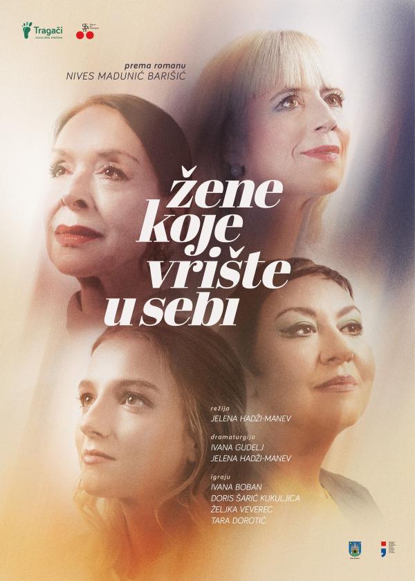 Službeni plakat za predstavu „Žene koje vrište u sebi“ Kazališne družine Tragači s portretima četiri glumice.